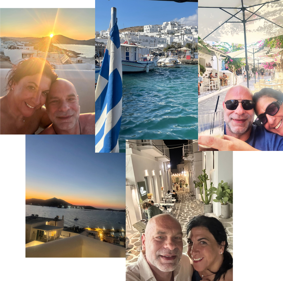 Makis and Rose enjoying Paros, including sea, sunset and village scenes