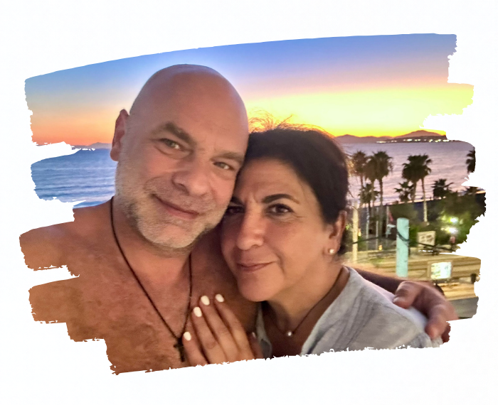 Makis and Rose at sunset by the sea